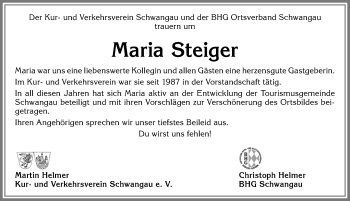 Traueranzeige von Maria Steiger von Allgäuer Zeitung, Füssen