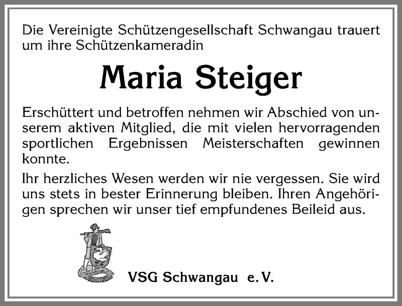  Traueranzeige für Maria Steiger vom 26.06.2019 aus Allgäuer Zeitung, Füssen