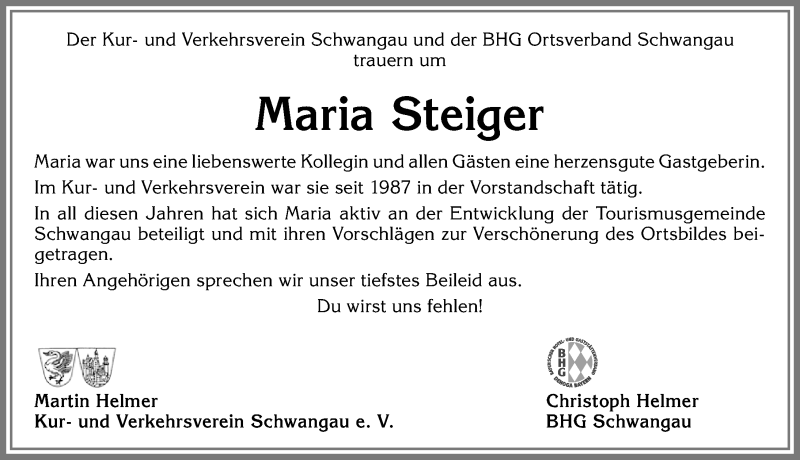  Traueranzeige für Maria Steiger vom 14.06.2019 aus Allgäuer Zeitung, Füssen