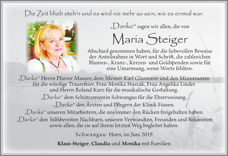  Traueranzeige für Maria Steiger vom 29.06.2019 aus Allgäuer Zeitung, Füssen