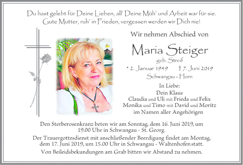  Traueranzeige für Maria Steiger vom 13.06.2019 aus Allgäuer Zeitung, Füssen