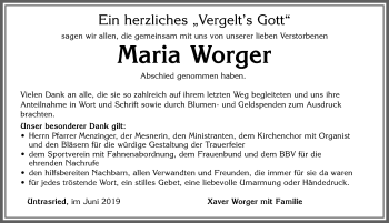 Traueranzeige von Maria Worger von Allgäuer Zeitung, Marktoberdorf