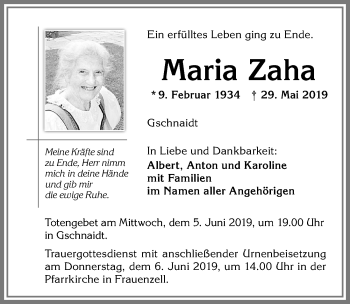 Traueranzeige von Maria Zaha von Allgäuer Zeitung,Kempten