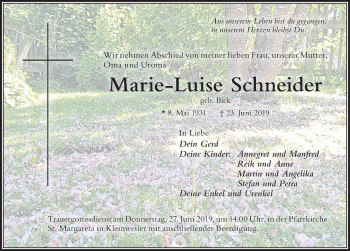 Traueranzeige von Marie-Luise Schneider von Allgäuer Zeitung,Kempten
