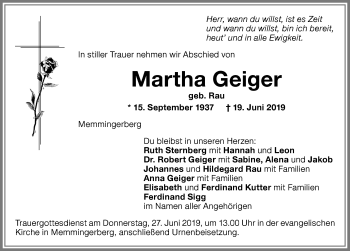 Traueranzeige von Martha Geiger von Memminger Zeitung