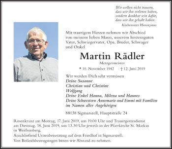 Traueranzeige von Martin Rädler von Der Westallgäuer