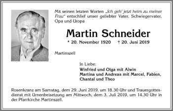 Traueranzeige von Martin Schneider von Allgäuer Zeitung,Kempten