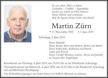 Traueranzeige von Martin Zürn von Der Westallgäuer