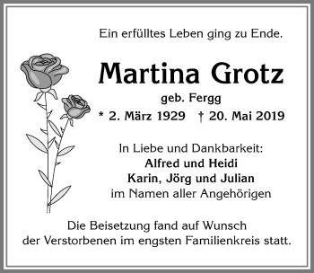 Traueranzeige von Martina Grotz von Allgäuer Zeitung, Kaufbeuren/Buchloe