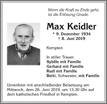 Traueranzeige von Max Keidler von Allgäuer Zeitung,Kempten