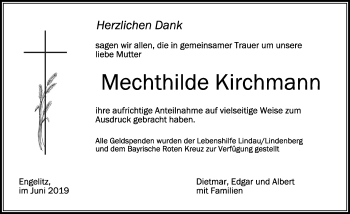 Traueranzeige von Mechthilde Kirchmann von Der Westallgäuer
