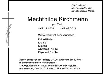 Traueranzeige von Mechthilde Kirchmann von Der Westallgäuer