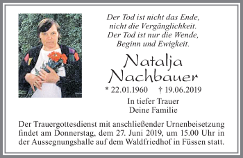 Traueranzeige von Natalja Nachbauer von Allgäuer Zeitung, Füssen