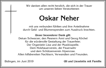 Traueranzeige von Oskar Neher von Allgäuer Zeitung, Marktoberdorf
