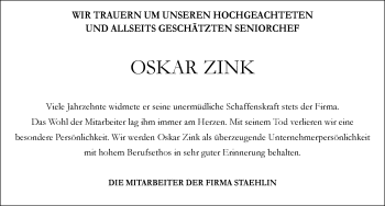 Traueranzeige von Oskar Zink von Allgäuer Zeitung,Kempten