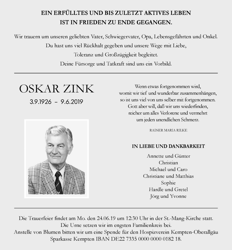  Traueranzeige für Oskar Zink vom 22.06.2019 aus Allgäuer Zeitung,Kempten