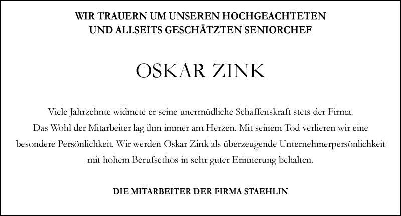  Traueranzeige für Oskar Zink vom 22.06.2019 aus Allgäuer Zeitung,Kempten