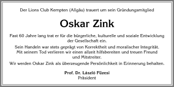 Traueranzeige von Oskar Zink von Allgäuer Zeitung,Kempten