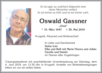 Traueranzeige von Oswald Gassner von Allgäuer Zeitung,Kempten
