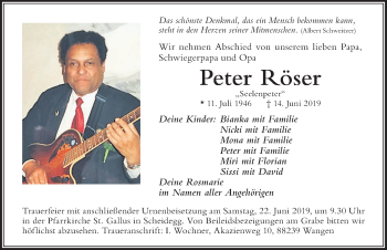 Traueranzeige von Peter Röser von Der Westallgäuer