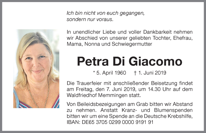  Traueranzeige für Petra Di Giacomo vom 05.06.2019 aus Memminger Zeitung