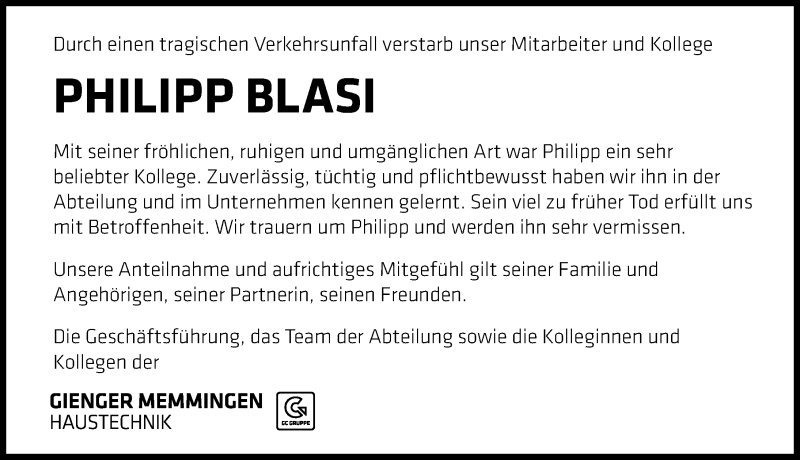  Traueranzeige für Philipp Blasi vom 15.06.2019 aus Memminger Zeitung