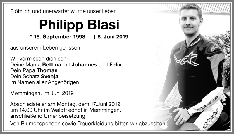  Traueranzeige für Philipp Blasi vom 15.06.2019 aus Memminger Zeitung