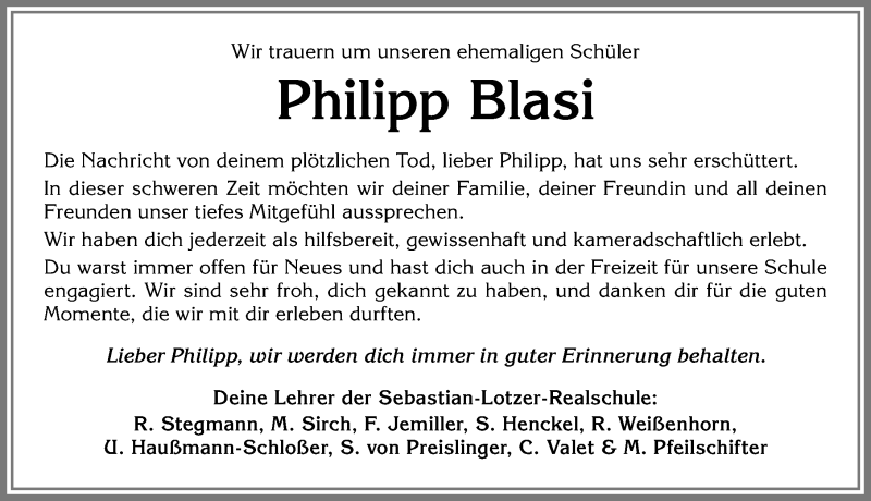  Traueranzeige für Philipp Blasi vom 29.06.2019 aus Memminger Zeitung