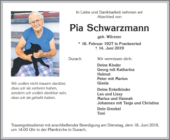 Traueranzeige von Pia Schwarzmann von Allgäuer Zeitung,Kempten