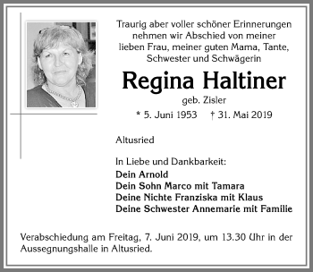 Traueranzeige von Regina Haltiner von Allgäuer Zeitung,Kempten
