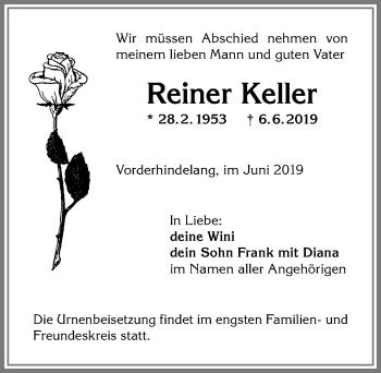 Traueranzeige von Reiner Keller von Allgäuer Anzeigeblatt
