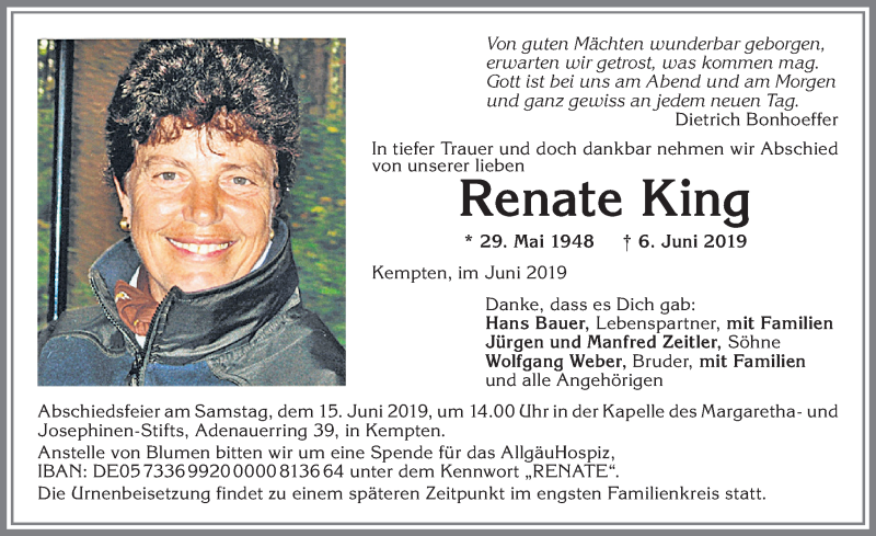  Traueranzeige für Renate King vom 12.06.2019 aus Allgäuer Zeitung,Kempten