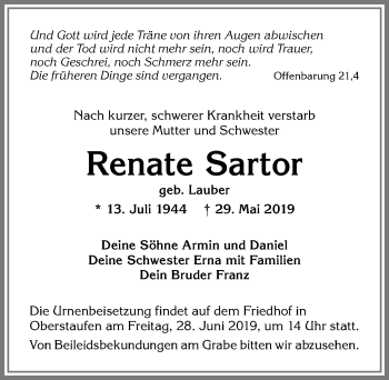 Traueranzeige von Renate Sartor von Allgäuer Anzeigeblatt