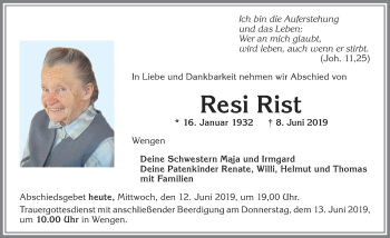 Traueranzeige von Resi Rist von Allgäuer Zeitung,Kempten