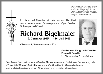 Traueranzeige von Richard Bigelmaier von Allgäuer Anzeigeblatt