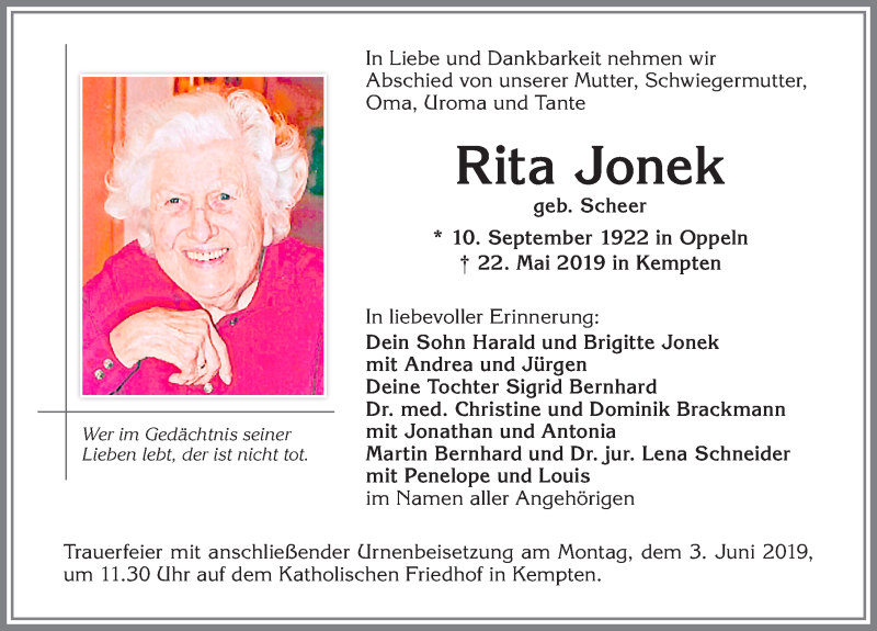  Traueranzeige für Rita Jonek vom 01.06.2019 aus Allgäuer Zeitung,Kempten