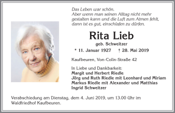 Traueranzeige von Rita Lieb von Allgäuer Zeitung, Kaufbeuren/Buchloe