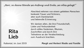 Traueranzeige von Rita Lieb von Allgäuer Zeitung, Kaufbeuren/Buchloe