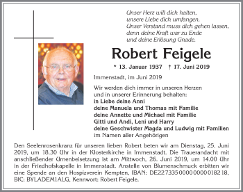 Traueranzeige von Robert Feigele von Allgäuer Anzeigeblatt