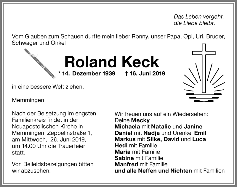  Traueranzeige für Roland Keck vom 19.06.2019 aus Memminger Zeitung