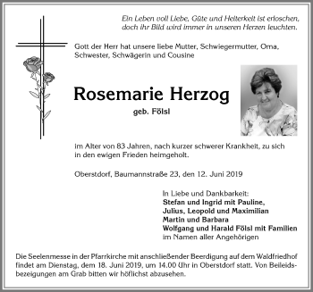 Traueranzeige von Rosemarie Herzog von Allgäuer Anzeigeblatt