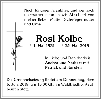 Traueranzeige von Rosl Kolbe von Allgäuer Zeitung, Kaufbeuren/Buchloe