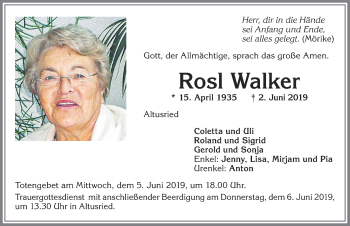 Traueranzeige von Rosl Walker von Allgäuer Zeitung,Kempten
