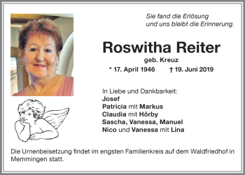 Traueranzeige von Roswitha Reiter von Memminger Zeitung