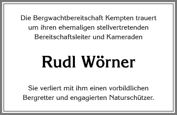 Traueranzeige von Rudl Wörner von Allgäuer Zeitung,Kempten