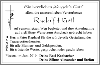 Traueranzeige von Rudolf Härtl von Allgäuer Zeitung, Füssen