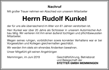 Traueranzeige von Rudolf Kunkel von Memminger Zeitung