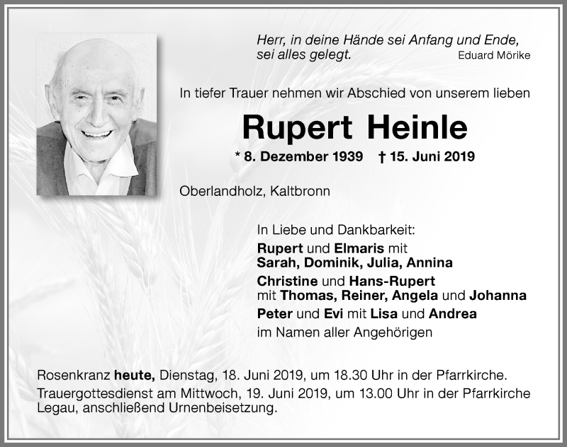  Traueranzeige für Rupert Heinle vom 18.06.2019 aus Memminger Zeitung