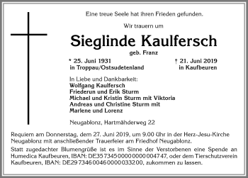 Traueranzeige von Sieglinde Kaulfersch von Allgäuer Zeitung, Kaufbeuren/Buchloe