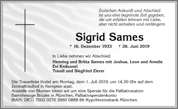 Traueranzeige von Sigrid Sames von Allgäuer Zeitung,Kempten